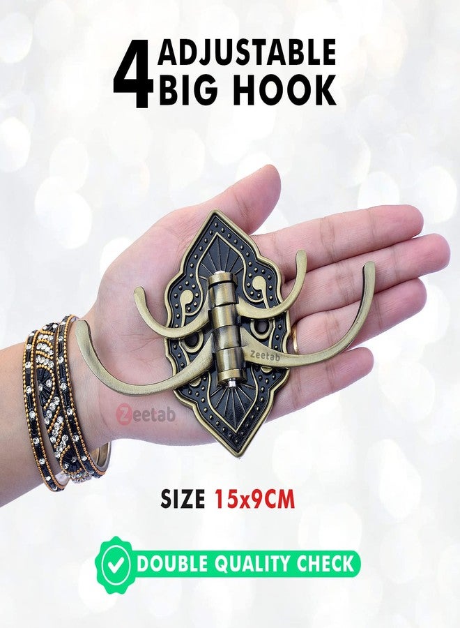 Zeetab Adjustable Cloth Hanger with 4 Hook | Royal Wall Mount Brass Key Holder | Antique Metal Rail & Robe for Bathroom Towel (Pack of 1, Flower Antique) - Image 3